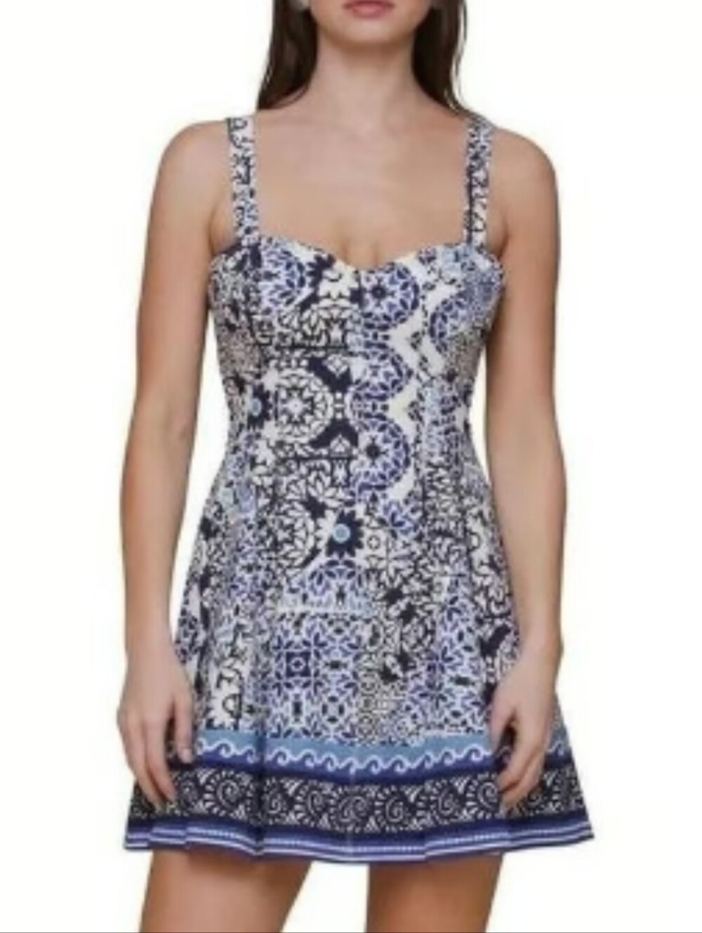 Avec Les Filles Blue and White Printed Mini Dress - 12